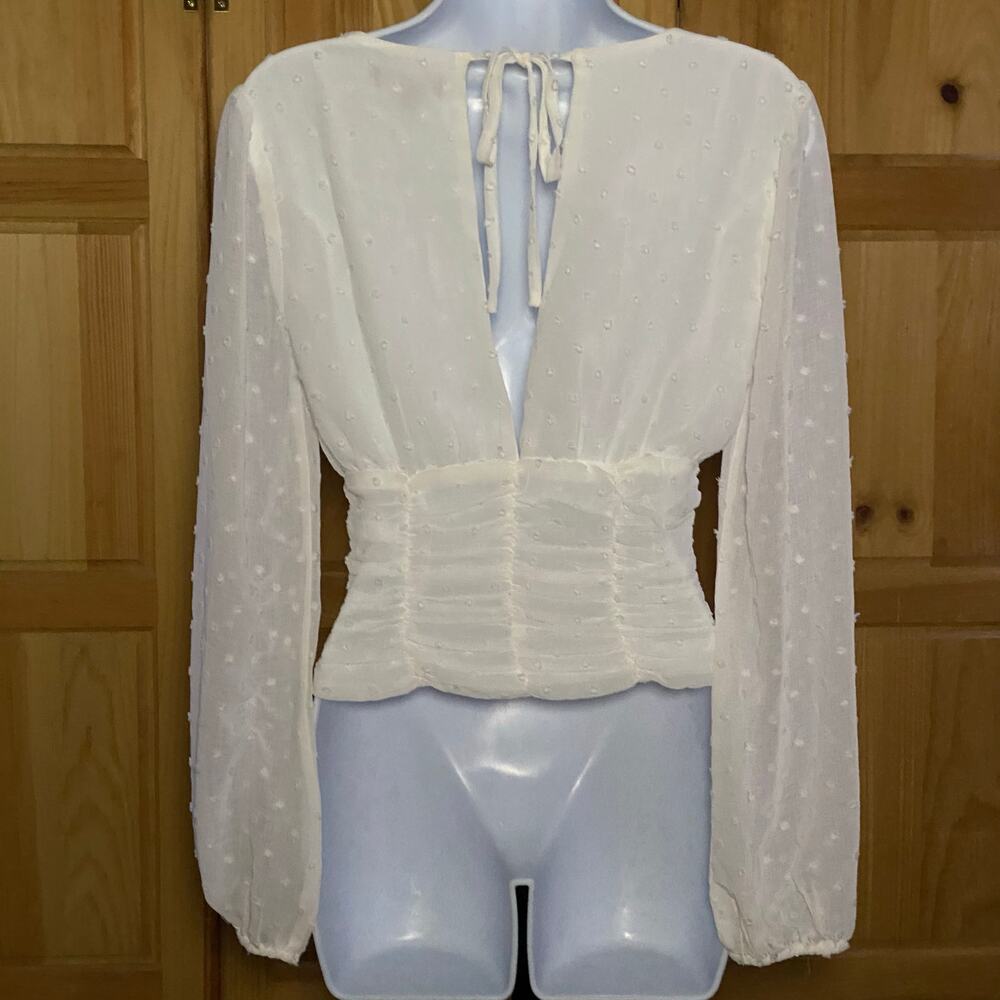 Coquette Swiss Dot Sheer Sleeve Ruched Corset Cottagecore Feminine Ethereal Top - Picture 7 of 12